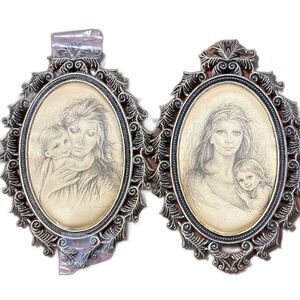 Satin Framed Picture Mother Child Giuseppe Tarantino Brass Oval SET Italy